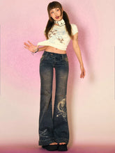 Voguable Y2K Low Rise Flare Jeans for Woman Streetwear Aesthetic Print Jean Pants Vintage Washed Denim Trouser Grunge Fairycore